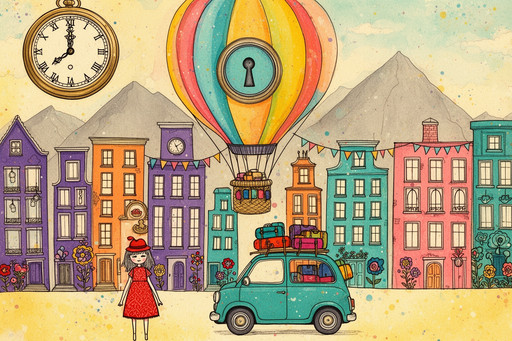 Whimsical, storybook-style illustration. In the foreground, a young woman with grey hair, a small red hat, and a red patterned dress stands next to a small teal car laden with colorful luggage. The mid-ground features a row of tall, narrow buildings in purple, orange, teal, and pink, adorned with windows, pennant flags, and decorative flowers. Dominating the upper center is a large, multi-colored hot air balloon with a circular keyhole emblem. A large vintage clock rests in the upper left corner of the textured, pastel sky against distant grey mountains. The artwork uses fine ink outlines, watercolor textures, and a vibrant palette of yellows, blues, and reds, creating a dreamy, adventurous mood. Every surface has a weathered, speckled paper quality, enhancing the imaginative, handmade aesthetic.