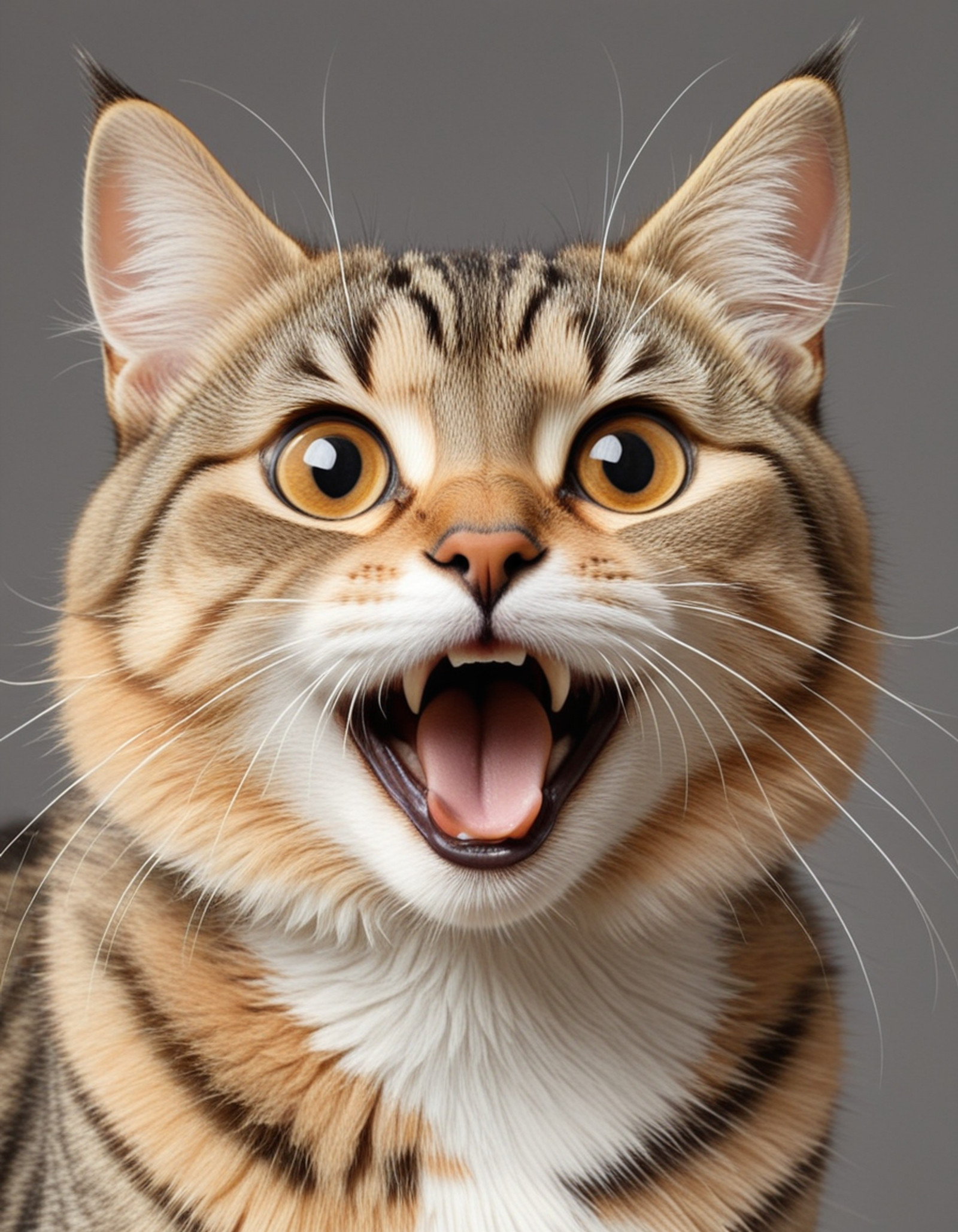 Close-up of a digitally painted or illustrated cat.  The cat's expression is one of surprise or astonishment, with its mouth wide
 open in a gasp or shout.  Its eyes are large and round, with exaggeratedly wide pupils, further emphasizing the surprised expression.
  The cat's fur is a mix of light orange-tan and brown tones, rendered in a painterly style with visible brushstrokes giving it a
 textured look. The tabby markings are distinct, and the fur appears soft and thick.  The background is a muted, light gray-tan color,
 out of focus, that allows the cat to stand out as the central figure.  The overall impression is of a cartoonish or stylized 
illustration of a cat, rather than a photograph of a real,<lora:xl_more_art-full_v1:0.3>, aidmaImageUpgrader ,<lora:clear:1>,  <lora:aidmaImageUpgraderSDXL-v0.3:1>
