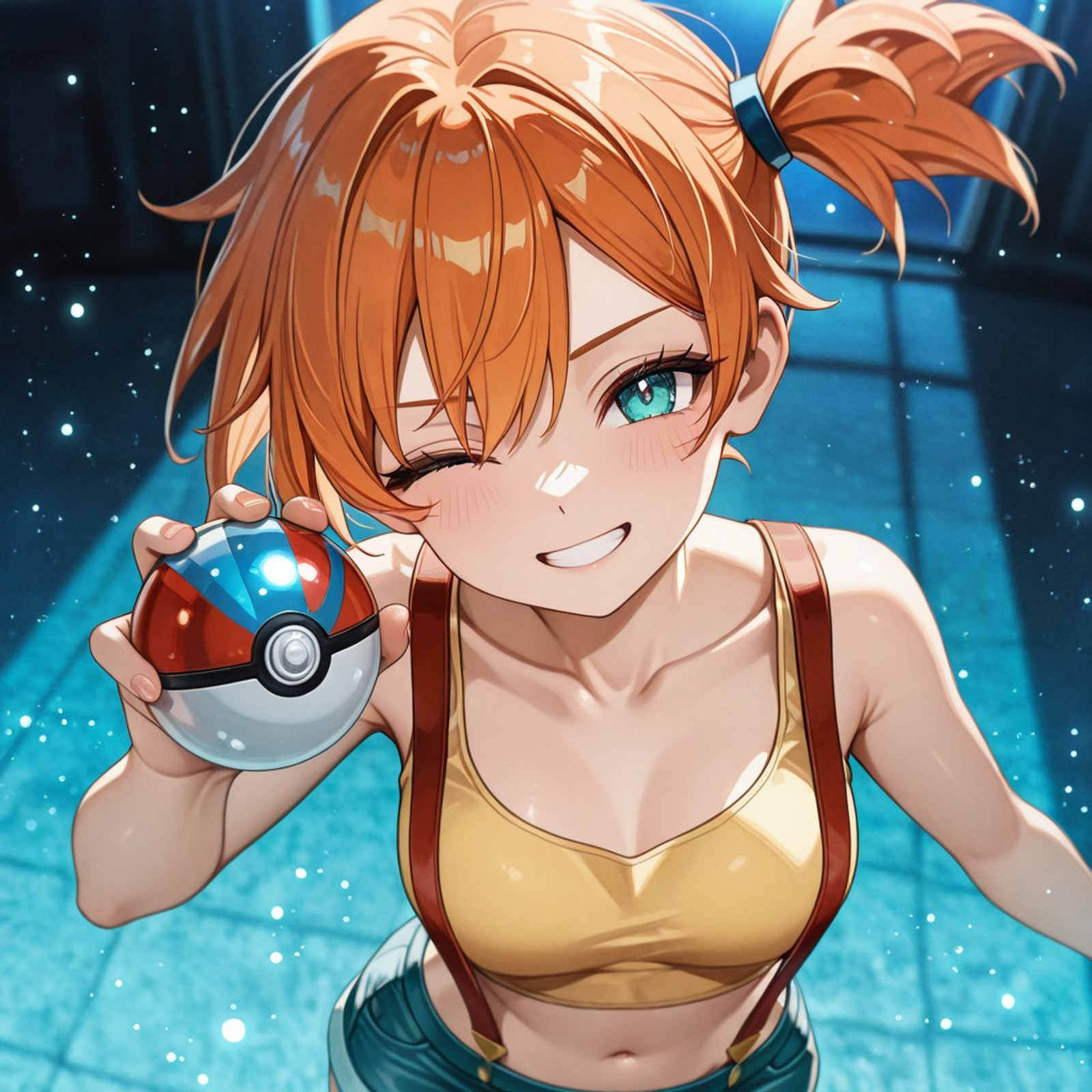 Portrait, masterpiece, top quality, latest, absurd, high resolution.
1girl, Misty (pokemon), orange hair, side ponytail, short hair, aqua eyes, yellow tank top, crop top, midriff, suspenders, suspenders shorts, denim shorts.
Waist-up view.
Holding a Poké Ball in his hand, smiling, looking at the viewer, winking, he directs a gaze at the viewer.
Night, moonlight, blurred and out-of-focus background.
Exaggerated lighting on the edges of the character.
Dynamic angle, aerial shot.
Floating particles, a blend of fantasy and realism.
Ambient brightness, light on the edges of the figure, luminous aesthetic.