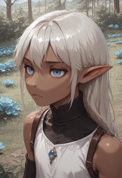 1 girl, ((solo)), androgynous, (Lapanya), ((3-fingers-1-thumb)):1.2, pointy ears, Garial, ((blue eyes)), athletic body type, black detached sleeves, white tunic, brown shoulder straps,simple top, pretty, gold brooch, oval brooch, blue gemstone,
Neutral expression, closed mouth,
Outdoors background, sky, clouds,  trees, blue flowers,
clean lines, high quality, best quality, masterpiece, ((detailed fingers, perfect fingers, perfect nostrils)), rating: safe,