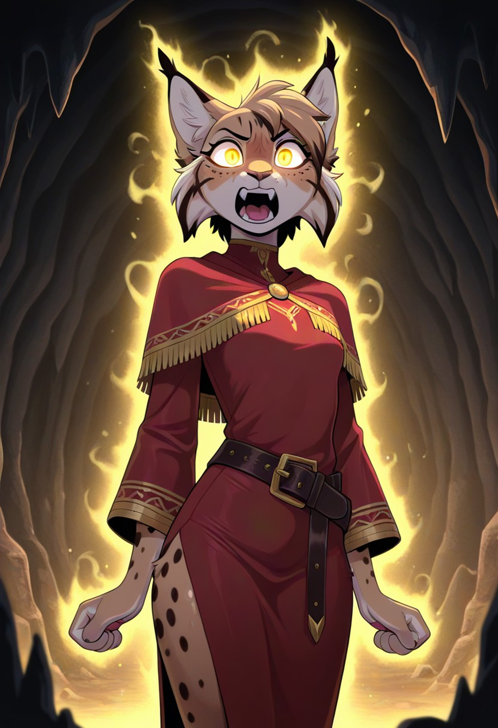 masterpiece, best quality, amazing quality, 1girl, furry, lynx, golden eyes, cats eyes, short hair, fringe, slim body, small bust, red dress, leather belt, red robe, gold trim, caplet, dark cave, yellow aura, glowing eyes, yelling