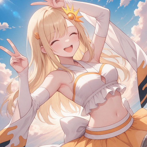 1girl, cowboy shot, face focus, (four fingers and thumb:1.3), dutch angle, upper body shot,
closed eyes, v sign, double v sign, :D, arm up, hand on own head,
raykg,
blonde hair, long hair, yellow inner colored hair, brown eyes, (orange eyelash:1.2),
white detached sleeves, navel, midriff, crop top, shorts, bare shoulders, see-through skirt, sleeveless, shorts under skirt, white elbow gloves, single hair ornament,
<lora:IL-CPK-rayKaguya01:0.7>
blue sky, sunlight, above cloud,
nijistyle, masterpiece, amazing quality, very aesthetic,
<lora:hand 5.5:1>, <lora:IL-style-nijistyle02:0.6>