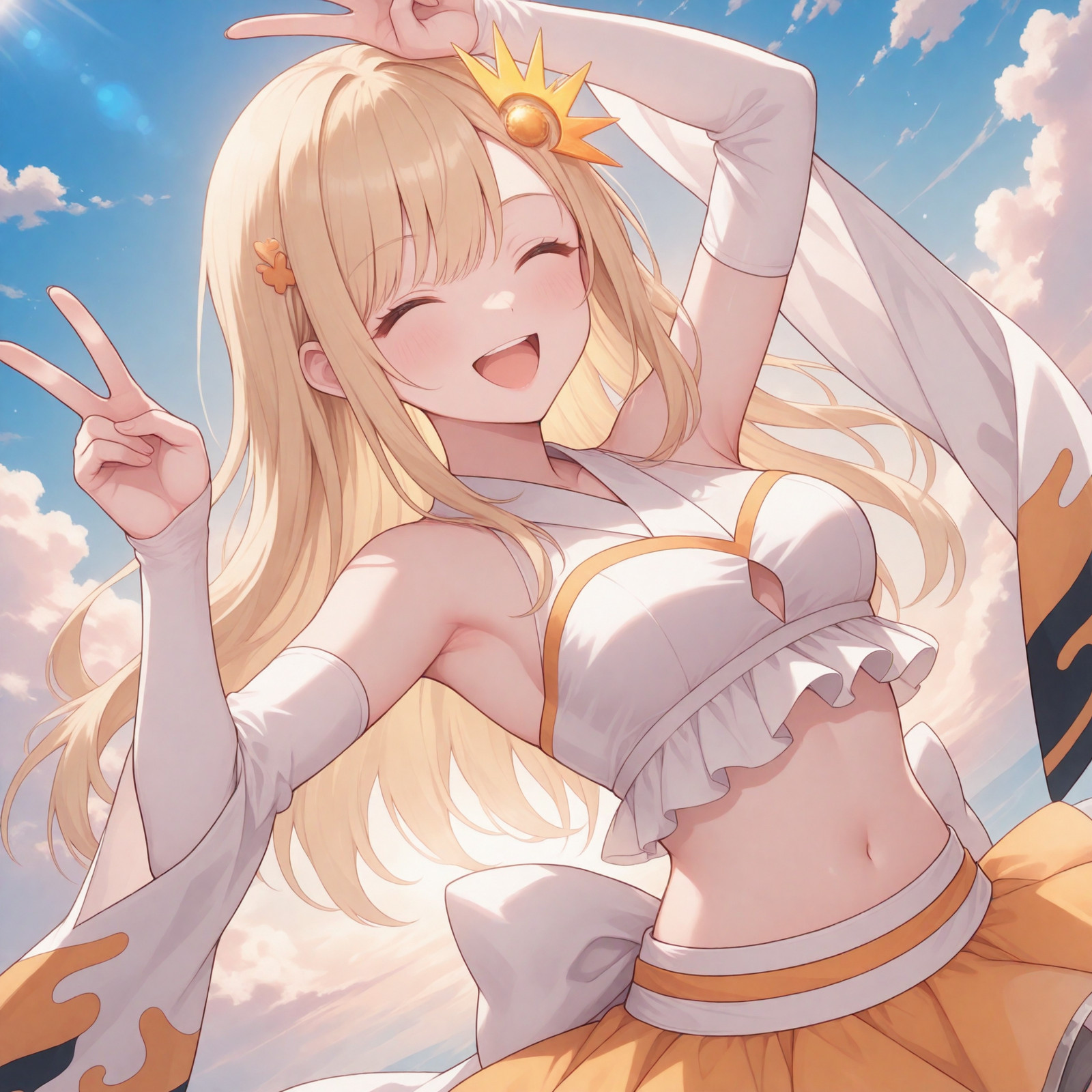 1girl, cowboy shot, face focus, (four fingers and thumb:1.3), dutch angle, upper body shot,
closed eyes, v sign, double v sign, :D, arm up, hand on own head,
raykg,
blonde hair, long hair, yellow inner colored hair, brown eyes, (orange eyelash:1.2),
white detached sleeves, navel, midriff, crop top, shorts, bare shoulders, see-through skirt, sleeveless, shorts under skirt, white elbow gloves, single hair ornament,
<lora:IL-CPK-rayKaguya01:0.7>
blue sky, sunlight, above cloud,
nijistyle, masterpiece, amazing quality, very aesthetic,
<lora:hand 5.5:1>, <lora:IL-style-nijistyle02:0.6>