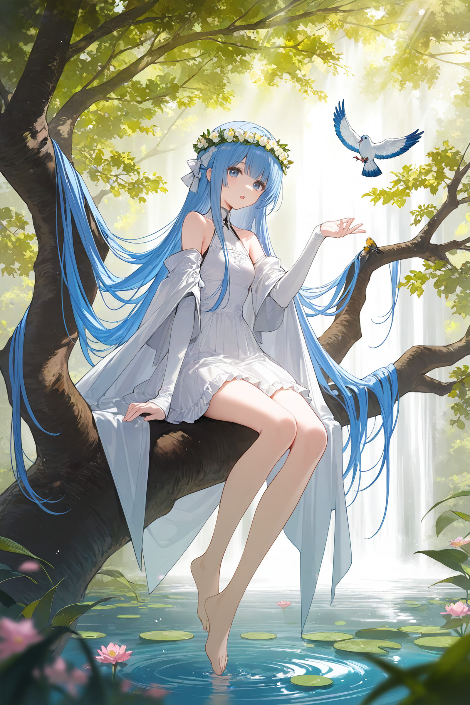 1girl,solo,teen,fantasy,
flower wreath,blue hair,very long hair,blue eyes,bare shoulders,barefoot,open mouth,hair on branch,
full body,sitting in tree,looking at viewer,hand up,arm support,
white dress,frills,detached sleeves,white sleeves,white cape,hair ornament,
nature,branch,water,waterfall,lily pad,bird,ripples,light leaks,sunbeam,
movie perspective,best quality,masterpiece,very aesthetic,detailed illustration,ultra detailed,hyperdetailed,highres,absurdres,
colorful,year 2024,32K UHD,sharp focus,Emotionalization,temperate atmosphere,with a high-end texture,soothing tones,vibrant color,
<lora:rail_stylefornoob111:0.2>,<lora:Rafafornoobai:0.3>,