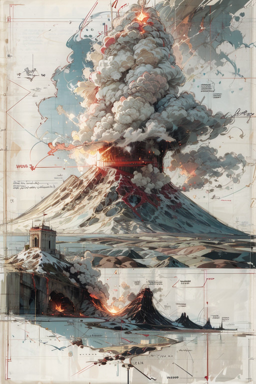 volcano, <lora:artisandraftstyle-v3rsefx-v1:1> adstyle, sketch, scenery, white background, english text, signature,