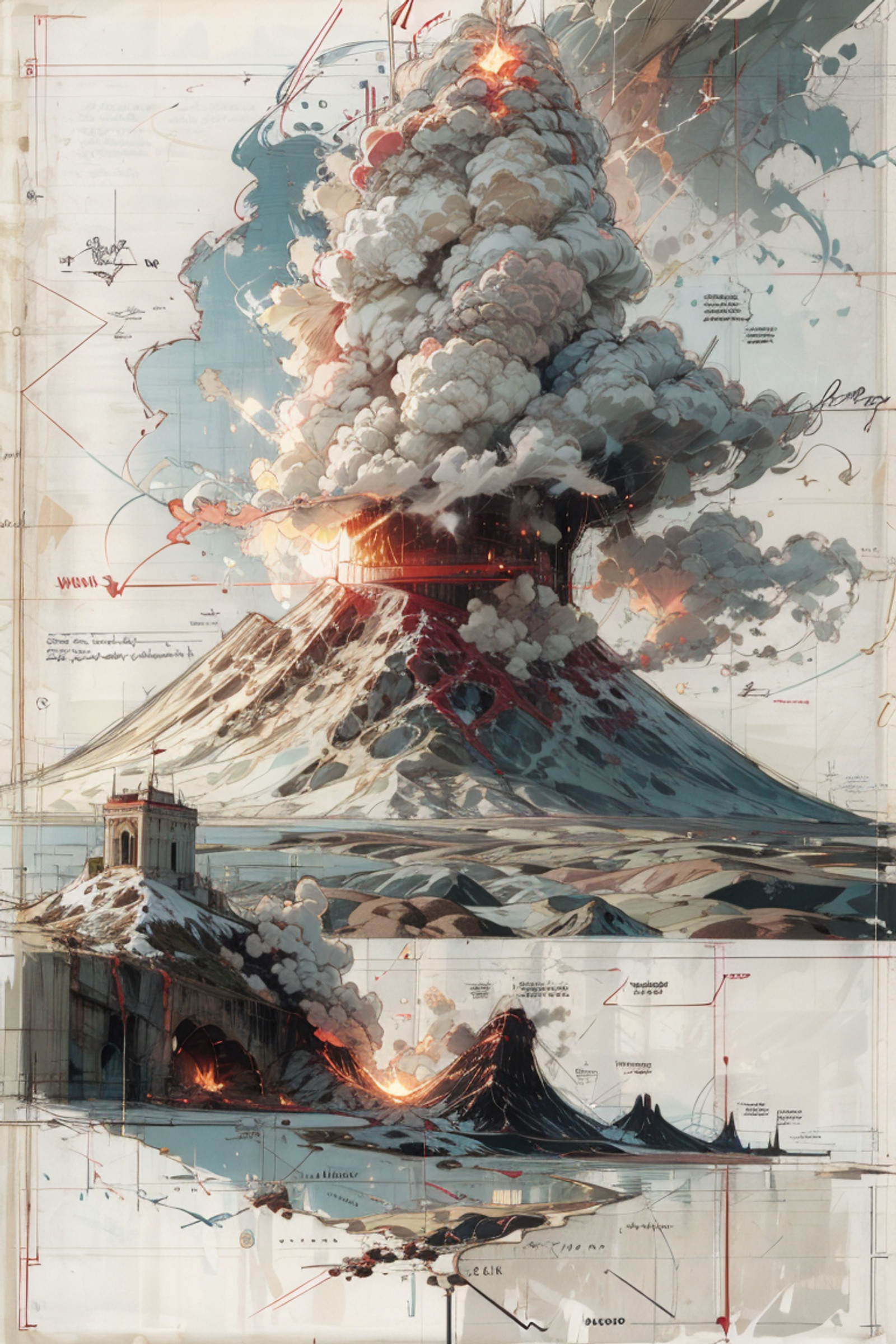 volcano, <lora:artisandraftstyle-v3rsefx-v1:1> adstyle, sketch, scenery, white background, english text, signature,