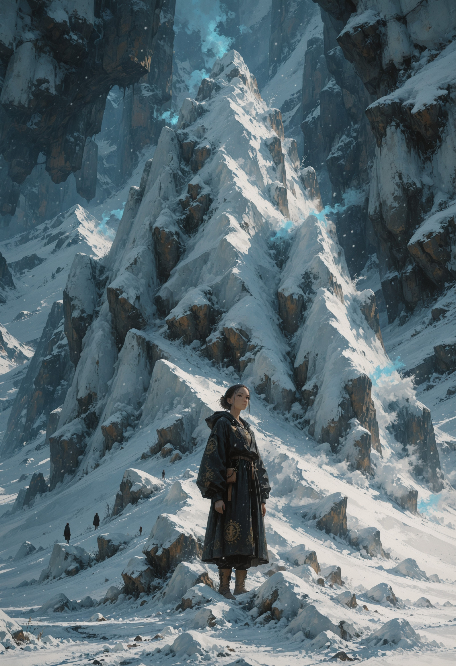 ultra-HD, 8K, ultra detailed, conceptual art, masterpiece, best quality, amazing quality, newest, absurdres, highres, masterwork, detailed, high detail, very aesthetic, great atmosphere, amazing ambience, professional composition, sharp focus, dramatic lighting, intricate, rich color, (deep blue theme), scenery, ((snow mountain)), 1girl, purple hair, standing, from front, (incase:chengongzi123:0.7) (kotteri:masha:0.4) (himukai yuuji:1.2), BurstDaal, usnr, fantastic, gorgeous, elegant, luxury, stunning, cinematic, beautiful, breathtaking light, highly
