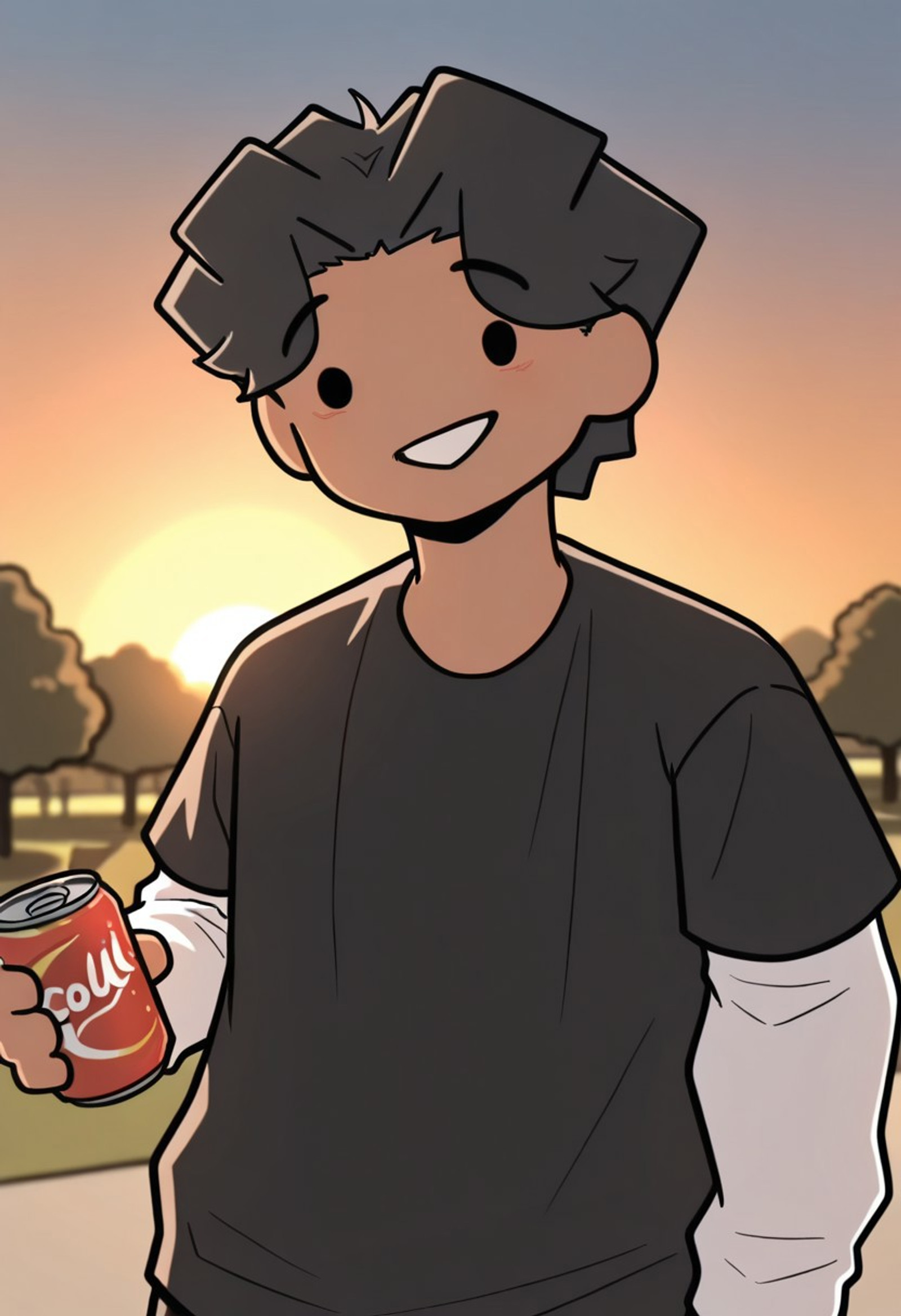 masterpiece, best quality, amazing quality, beanYT Illus, solo, 1man, dark skin, black hair, dot eyes, black eyes, smile, black shirt, white shirt underneath, white sleeves , upper body, nervous, pecs, holding a can of soda,  
Beautiful lighting, sunset, coulds, at the park,