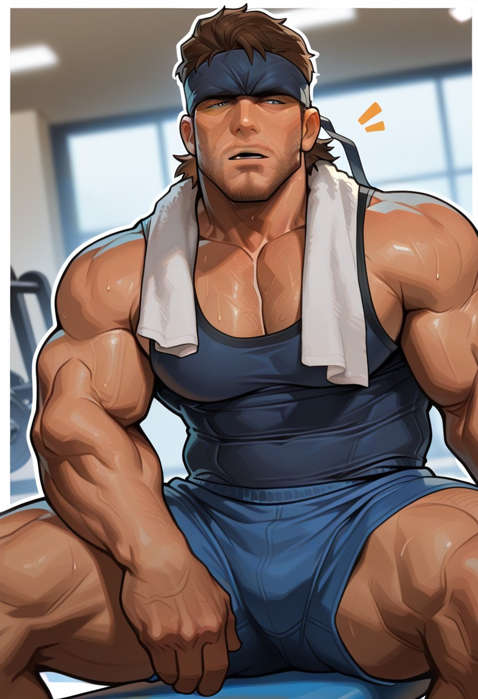 masterpiece, best quality, amazing quality, very aesthetic, absurdres, newest, 1 boy, male, solo, human, focus, pecs, white border around character, white outline, dynamic_angle, dramatic_lighting, blushed, holoed3n, sport clothes, gym, gym background, tank top, muscle, sfw, mature, man, masculine, sweating, brown hair, solidsnk, short hair, mature male, stubble, facial hair, dark blue headband, sfw, sitting, towel in neck, appreciation, proud, open mouth,