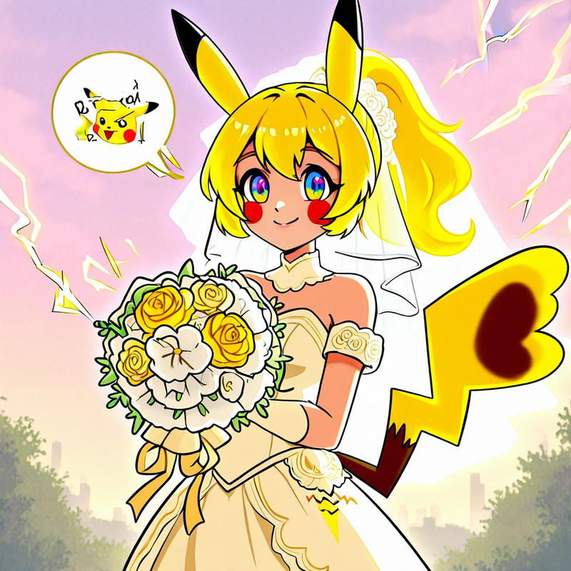 1girl,solo,pikachu ears,pikachu tail,yellow hair,ponytail,rainbow eyes,yellow lightning bolts,speach bubble,ou