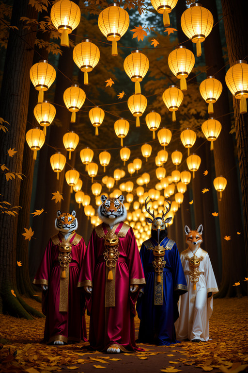 , masterpiece, best quality, highres, score_7, score_8, score_9, realistic, safe,
anthro, furry, original characters,
(four anthro figures in ceremonial procession:1.3), single file procession, ritual walk, solemn poses,
(tiger anthro in deep crimson robes:1.2), ornate Japanese tiger mask, crimson ceremonial robes,
(crane anthro in pure white robes:1.2), ornate Japanese crane mask, white ceremonial robes, bird anthro,
(deer anthro in midnight blue robes:1.2), ornate Japanese deer mask, midnight blue ceremonial robes,
(fox anthro in deep violet robes:1.2), ornate Japanese fox mask, violet ceremonial robes,
(ornate gilded Japanese animal masks:1.3), ceremonial masks hiding faces, intricate mask details,
walking through ancient forest, towering ancient trees,
(hundreds of glowing gold amber paper lanterns hanging from trees:1.3), lantern forest, golden lantern light everywhere,
fallen leaves drifting down, autumn forest floor,
wide cinematic shot, all four figures visible,
(warm gold and deep ceremonial shadow:1.3), dappled lantern light, sacred forest darkness,
golden light on robes, lantern glow on masks, subsurface scattering,
detailed fabric and mask textures, realistic textures, sharp focus on procession,
depth of field, volumetric lantern light, hauntingly beautiful sacred mysterious atmosphere.
Four tall masked anthro figures move in solemn ritual procession through an ancient forest hung with hundreds of glowing gold lanterns, their jewel-toned ceremonial robes catching the warm light as fallen leaves drift silently around them.,