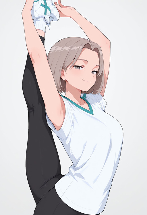 masterpiece, best quality, amazing quality, 

teriola_pkmn,, gray hair, short hair, bob cut, center part bangs, parted bangs, gray eyes, white athletic shirt, teal trim, black leggings, white socks, white sneakers, 

cowboy shot, from above, from side, looking at viewer, smile, standing split, arms up, armpits, 

simple background, white background,