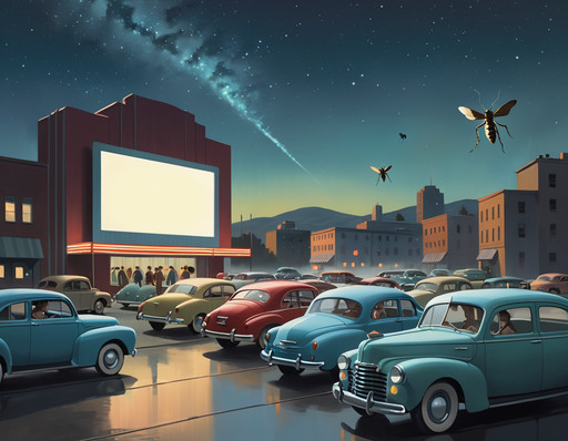 a drive-in movie theater showing a sci-fi film, with glowing marquee lights and rows of classic cars. On the screen: a giant mutant insect attacking a city. Teenagers watch wide-eyed, popcorn flying, under a starry night sky. Nostalgic ambiance, cinematic realism, High quality, best quality, masterpiece, muted tones, desaturated colors, loneliness, quiet introspection, stillness, melancholic atmosphere, 1940s American realism, mid-century architecture, vintage clothing styles,  oil painting texture, canvas brush strokes, in the style of an Edward Hopper painting