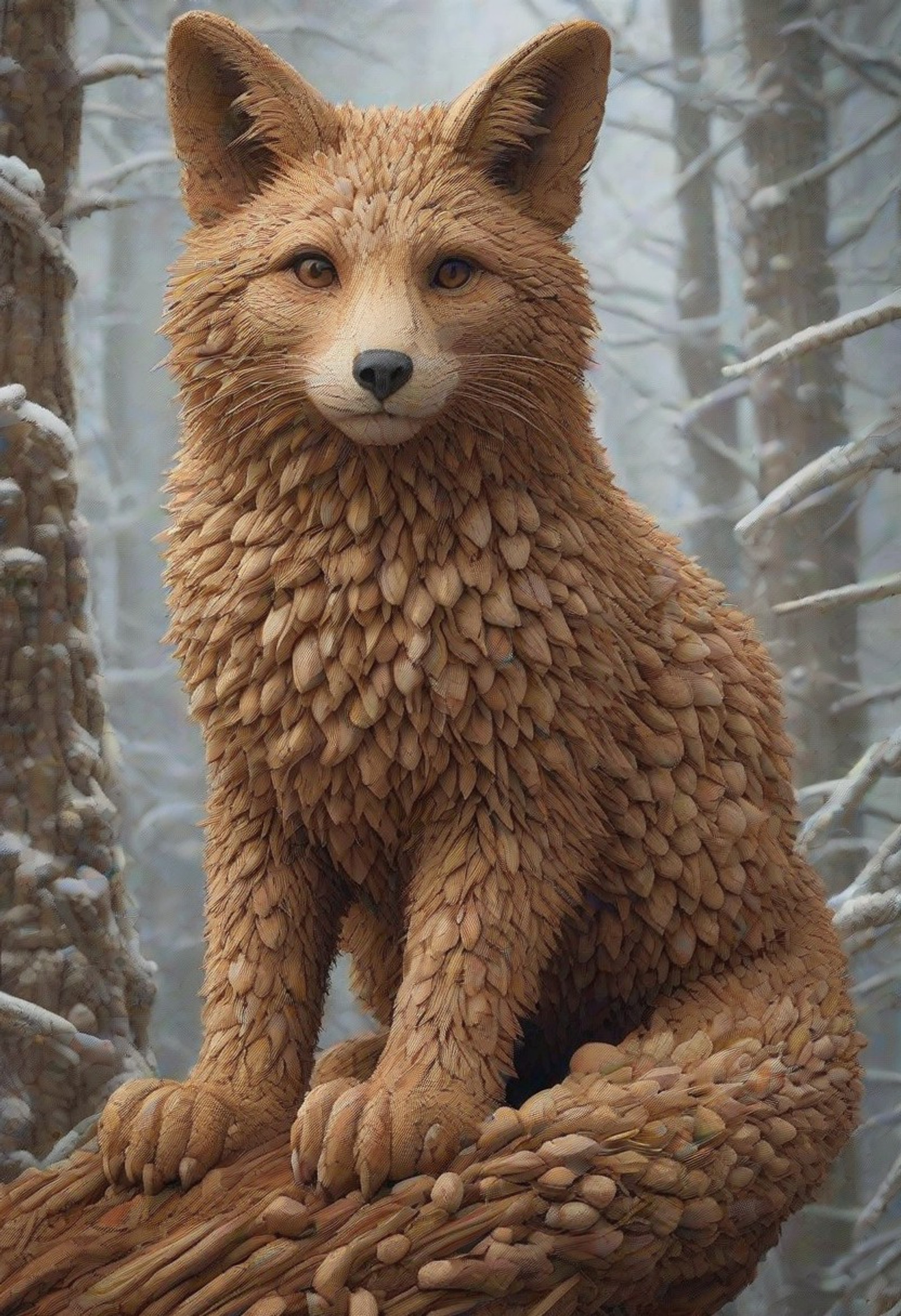 high quality, masterpiece, ultra-high resolution, incredible composition, extremely detailed, <lora:add-detail-xl:0.8>, <lora:NutsNutsStyleXL:0.8>, nutstylesnut,
A hyper-realistic close-up of a fox with its fur intricately formed from common nutsaalmonds, hazelnuts, and walnutsaarranged in a sleek, bushy texture that mimics natural fox fur. The tail is fluffy with cashew pieces, and the eyes are sharp and reflective. The background is a snowy woodland with frosted trees and soft twilight, ultra-detailed, 4K resolution, professional wildlife photography style.
