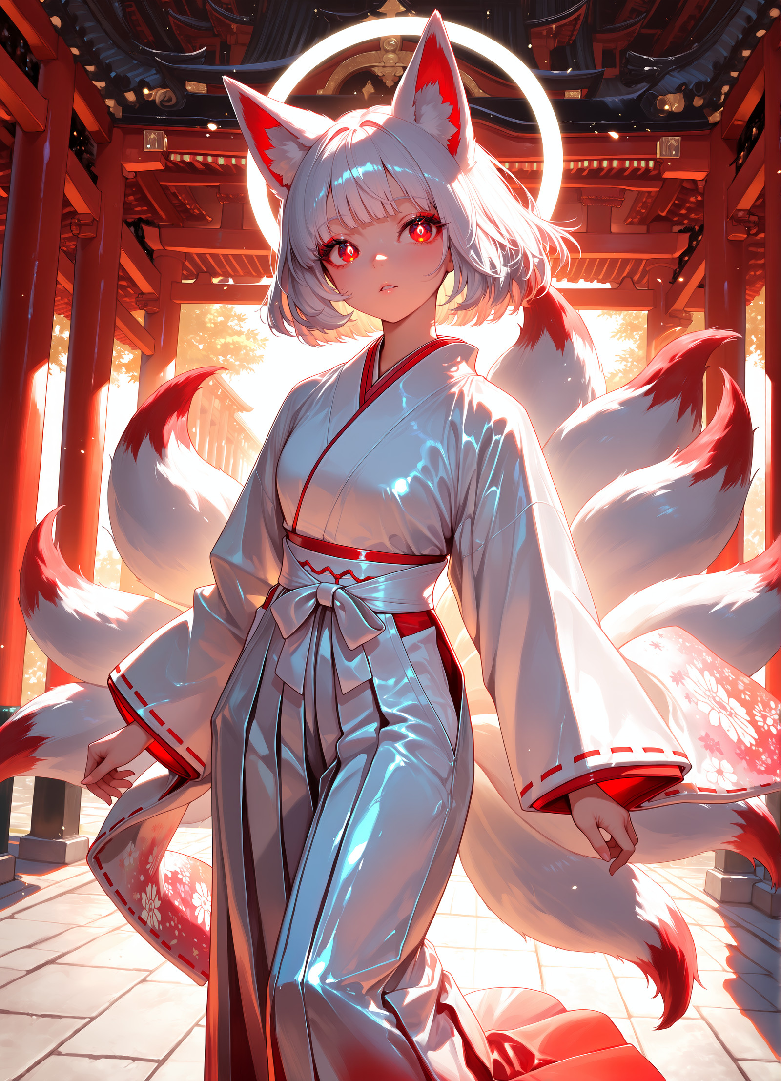 masterpiece, highres, absurdres, newest, best quality, very aesthetic, ultra-detailed, volumetric lighting, dynamic pose, dynamic composition, exquisite expressive eyes, vibrant eyes with reflection, highly defined facial features, perfect face, perfect eyes, fox_girl, kyuubi, miko, white_hair, red_eyes, parted_lips, glowing_eyes, shiny_clothes, gradient_clothes, white_kimono, white_hakama, voluminous_tails, animal_ear_fluff, white_halos, looking_at_viewer,
A radiant nine-tailed fox maiden stands in a bright temple courtyard bathed in warm sunlight. She wears an elegant white kimono with subtle color gradients and a matching white hakama that flows softly around her ankles, while shiny clothes reflect the morning light across her form. Above, a soft white halo glows gently behind her head, contrasting beautifully with her crimson red eyes as she gazes forward with a calm yet divine expression.