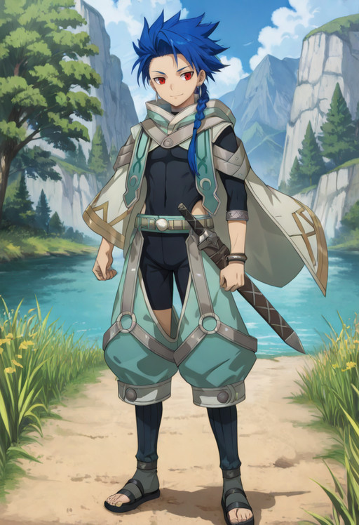 Setanta, crescent_print, crescent_brooch, 1boy, solo, earrings, dangling earrings, silver_earrings, blue_hair, single_braid, red_eyes, spiked_hair, white_tabard, open front, suspender straps, teal hood, hood_down, black_bodysuit, teal pants, clothing_cutout, belt, thigh_strap, wide-leg_pants, black_sandals, single bangle, shin_guards, toeless_legwear, black legwear, scabbard, brown scabbard, standing, full_body, outdoors, anime_screenshot, anime_coloring, <lora:Setanta:1>