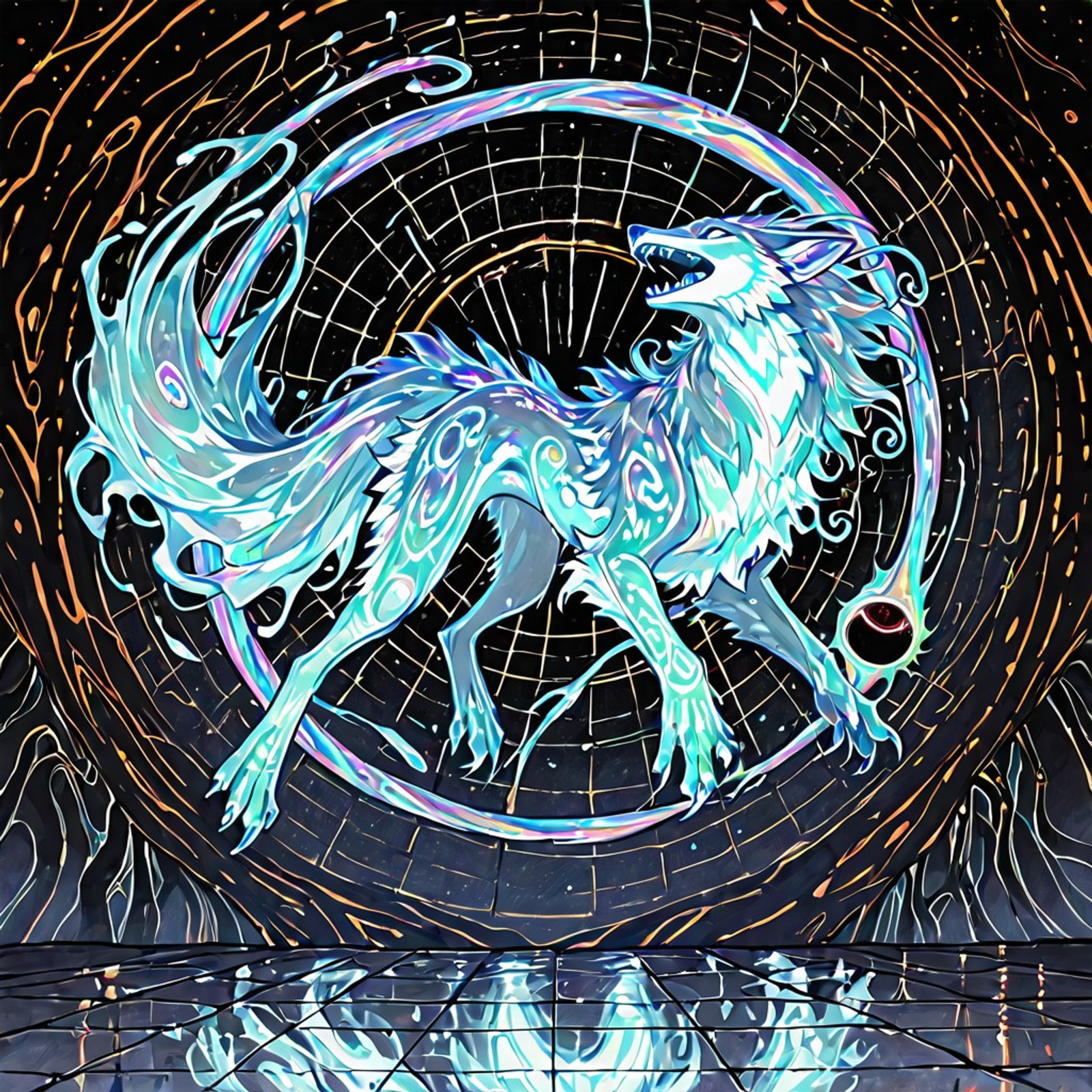 best quality, very aesthetic,
intricate pencil sketch, watercolor coloring, fantasy creature, skinny wolf-like creature floating in midair, over a reflective tiles sphere, disco ball texture, running, long flowing tentacles, open mouth, feral, evil, sharp claws, textured wolf skeleton, detailed line work, swirling patterns, abstract design, floating in midair, black hole in the sky background, rough paper \(texture\), fantasy art, surreal,  fine lines, no gravity, reptile like head, curved claws, abstract tentacles, intricate details,  fine art, abstract tiles fur,  neon \(theme\), whimsical, imaginative, art design, rainbow lasers,
