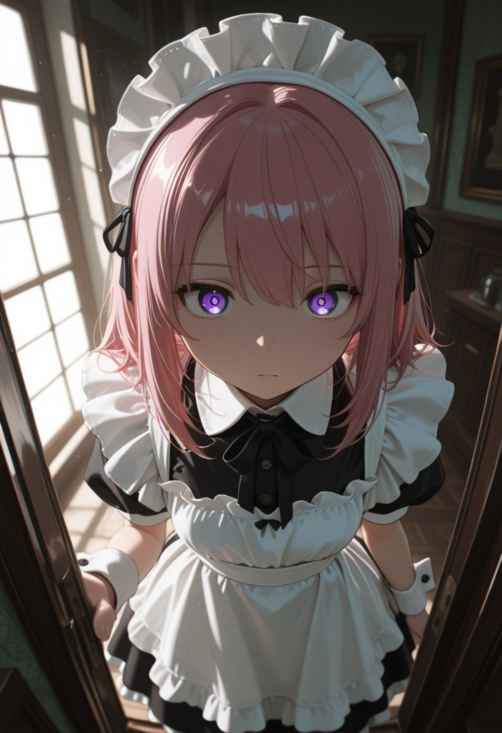 (masterpiece:1.2), best quality, high resolution, absurdres, ultra detailed, anime, depth of field, detailed face,
1girl, purple eyes, pink hair, maid, maid cuffs, maid headdress,
POV perspective, girl barely visible at edge of frame, peripheral vision presence, off-center composition, subtle shadow concealment, quiet environment, constant awareness, psychological tension,