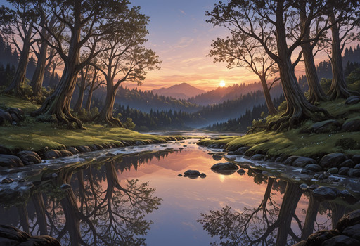 0r1_style, scenery, masterpiece, best quality, highly detailed, sharp focus, scenic landscape, clear lake, forest, dramatic golden hour sunset lighting, misty atmosphere, wide angle cinematic composition, vibrant colors, intricate details