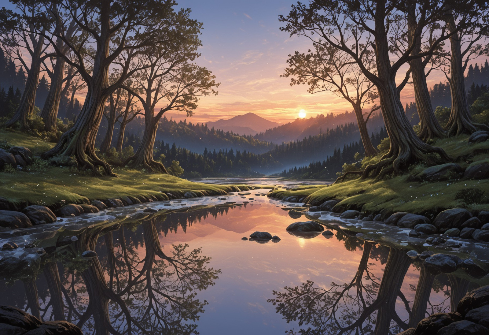 0r1_style, scenery, masterpiece, best quality, highly detailed, sharp focus, scenic landscape, clear lake, forest, dramatic golden hour sunset lighting, misty atmosphere, wide angle cinematic composition, vibrant colors, intricate details