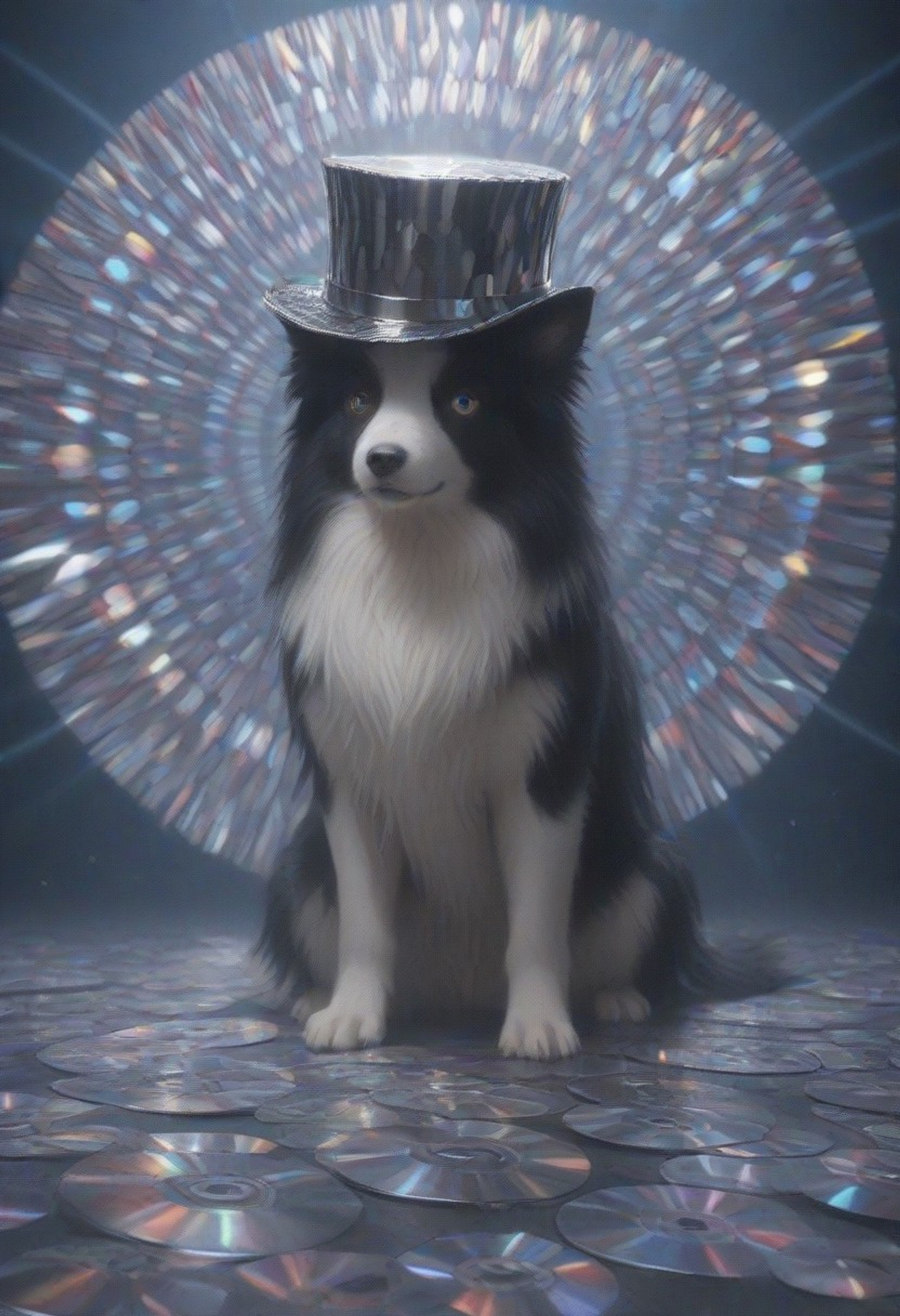 masterpiece, best quality, newest, highres, absurdres, depth of field, focused subject, dramatic pose, 
Border collie made of cd's, wearing top hat made of cd's
Disco background,
shiny silver CD discs, iridescent rainbow refractions, mosaic patterns of stacked CDs, glossy metallic reflections, prismatic light diffraction, geometric disc arrangements, holographic color shifts, retro-futuristic textures,