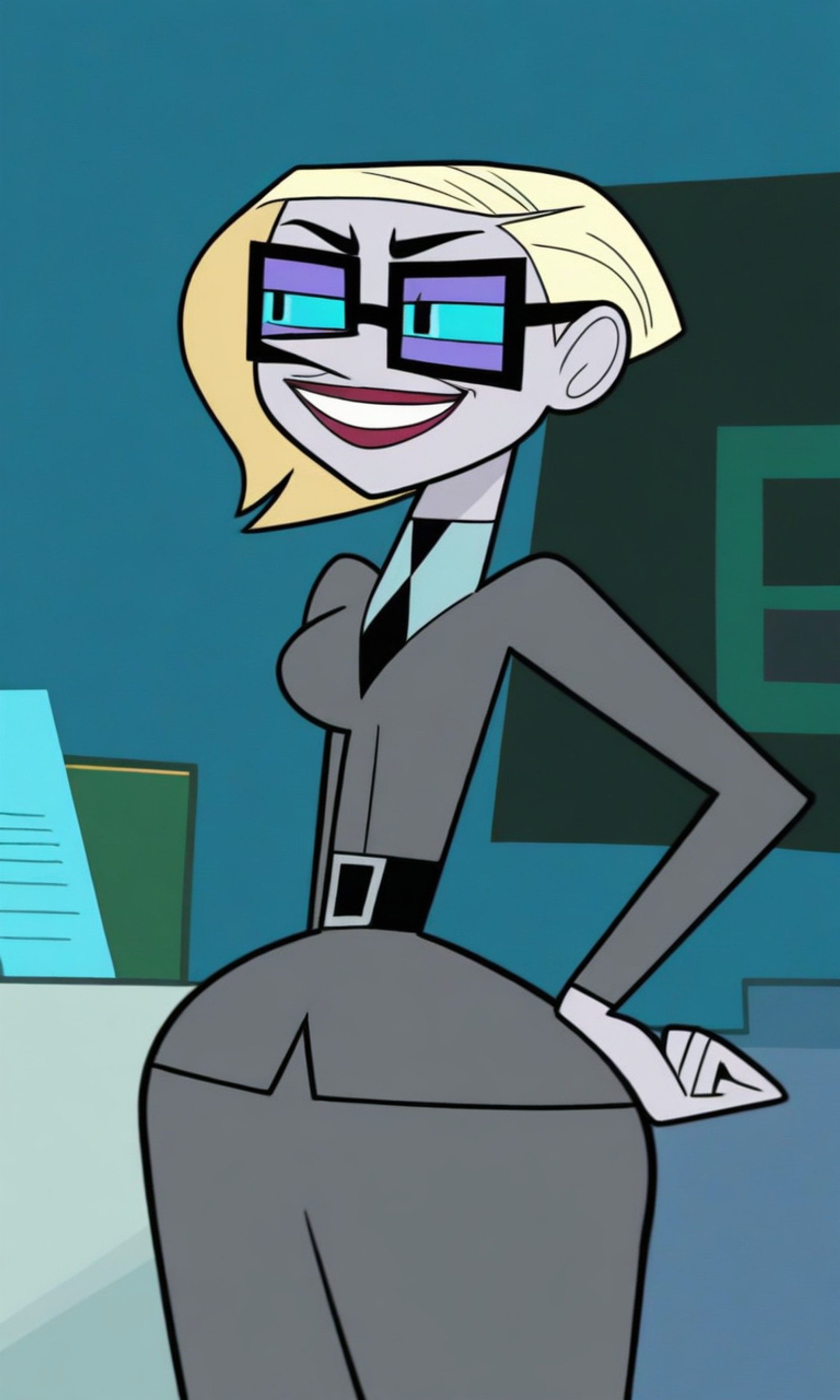 1girl, solo, short blonde hair, red lipstick, glasses, purple eyeliner, breasts, wide hips, grey formal outfit, black tie, black boots, closed mouth, looking at viewer, facing viewer, office, smiling, standing, best quality, masterpiece