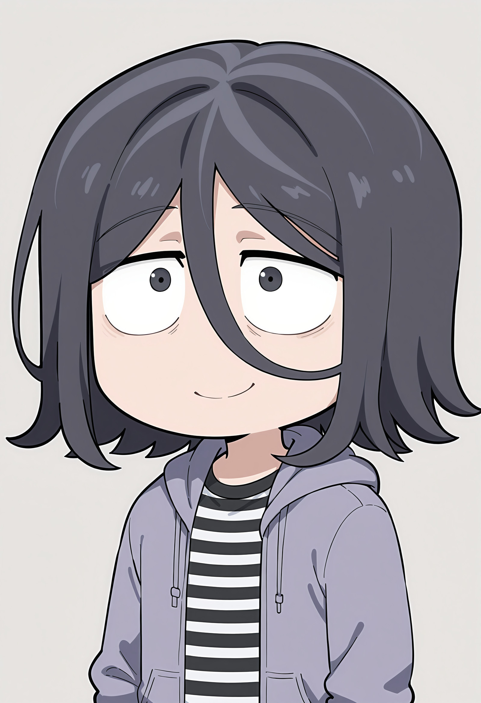 <lora:AngelCTILf:1> anctilf, black hair, hair between eyes, black eyes, striped shirt, hoodie, deformed, constricted pupils, smile,