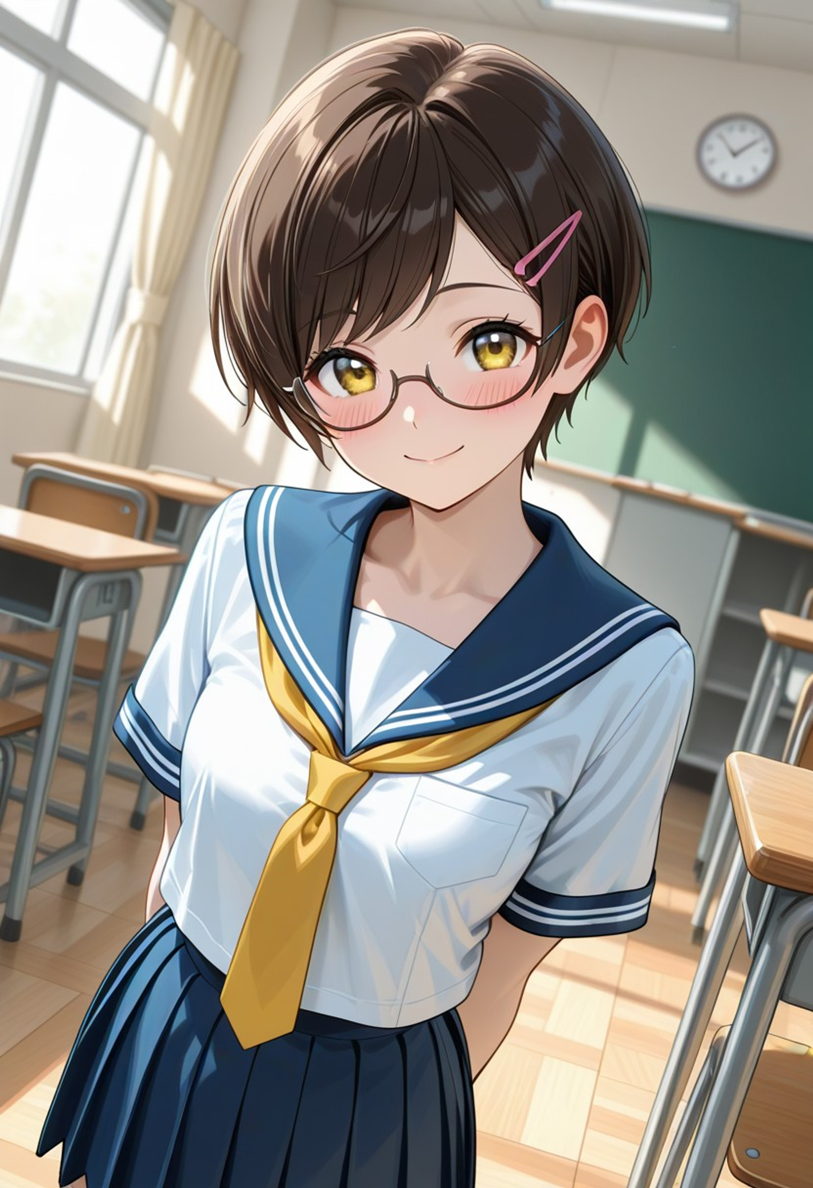 ((high quality:1.5), ((high resolution)), ((incredibly detailed)), newest, 8K, 16K, visualnovel illustration quality, masterpiece, natural lighting, perfect anatomy, detailed background, dynamic angle, indoors, classroom, chair, 1woman, white serafuku, blue sailor coller, short sleeve, yellow tie, blue pleated skirt, standing, perfect face, perfect blue eyes, semi-rimless eyewear, small breasts, detailed brown pixie cut, swept bangs, lustrous skin, flushed skin, hairpin, happy smile, blush, arms behind back, Jeddtl02,