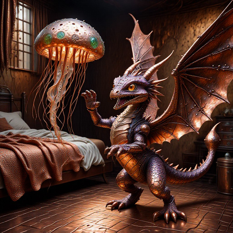 in dull beaten copper style, highly detailed textures, flying Jellyfish made of dull beaten copper with rivet-