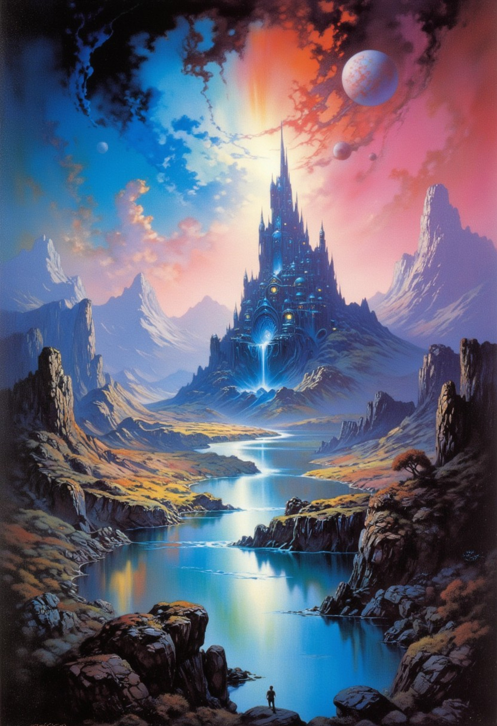 Frank Frazetta sci-fi oil painting of a panorama view, the lake of serenity, a classic gothic baroque fantasy art painting with vibrant colors, digital artwork, illustrative, painterly, matte painting, highly detailed, atmospheric haze, panoramic zoomed out view, highly dramatic lighting