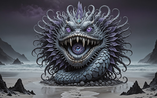 4k, frosted glass moonlit pearl eyes, shaman sea serpent, a massive snake-like creature living in the sea, indigo purple and charcoal gray shade color palette, mud volcanoes, bubbling, grey landscape, forbidding intricate shaman details, voidlike painterly composition, mirrored shattered shaman elements, adrr shaman, lineweight, q2wz2, grungy, weird