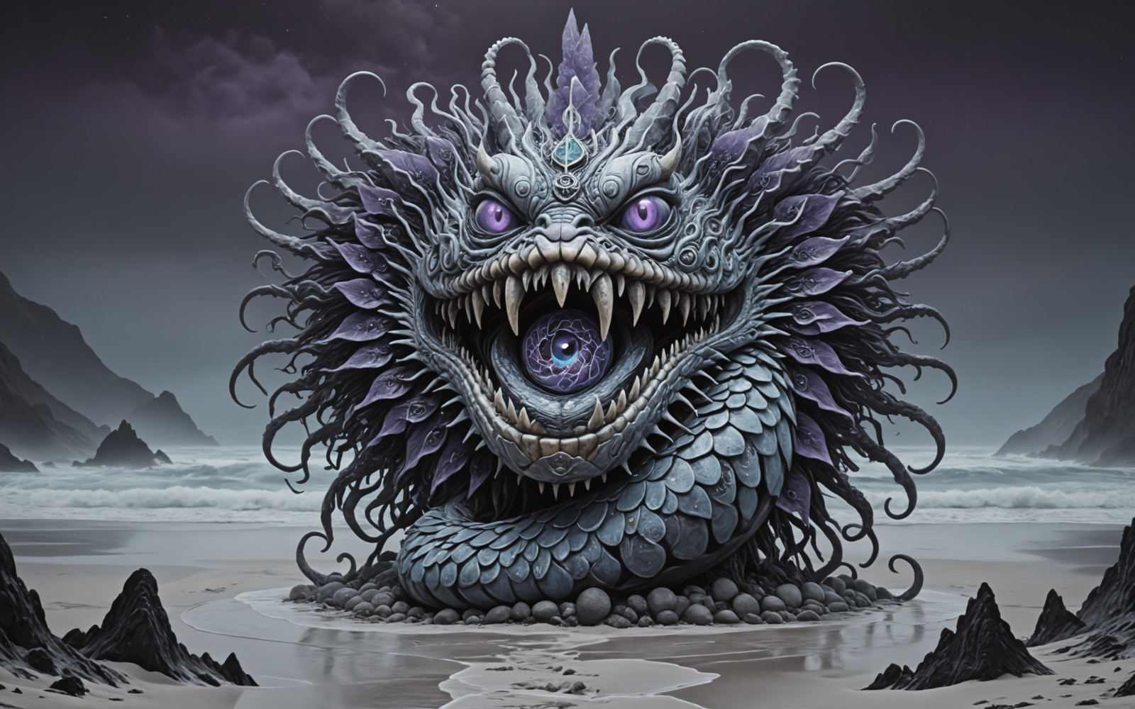 4k, frosted glass moonlit pearl eyes, shaman sea serpent, a massive snake-like creature living in the sea, indigo purple and charcoal gray shade color palette, mud volcanoes, bubbling, grey landscape, forbidding intricate shaman details, voidlike painterly composition, mirrored shattered shaman elements, adrr shaman, lineweight, q2wz2, grungy, weird
