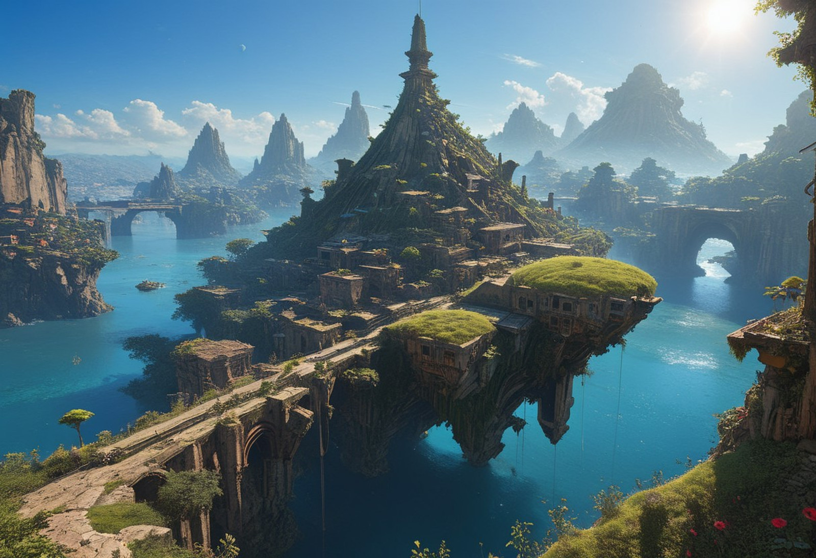 Art painting by Ian McQue and Takashi Murakami and Naoki Saito, , artstation trending, by greg rutkowski and beksinski, masterpiece, An ancient troglodyte city made In the style of Jules Verne and Pierre Boule, a fantasy setting, ancient Persian buildings with roofs and walls made of grass, bush, and lush vegetation. fantasy style, neon lighting