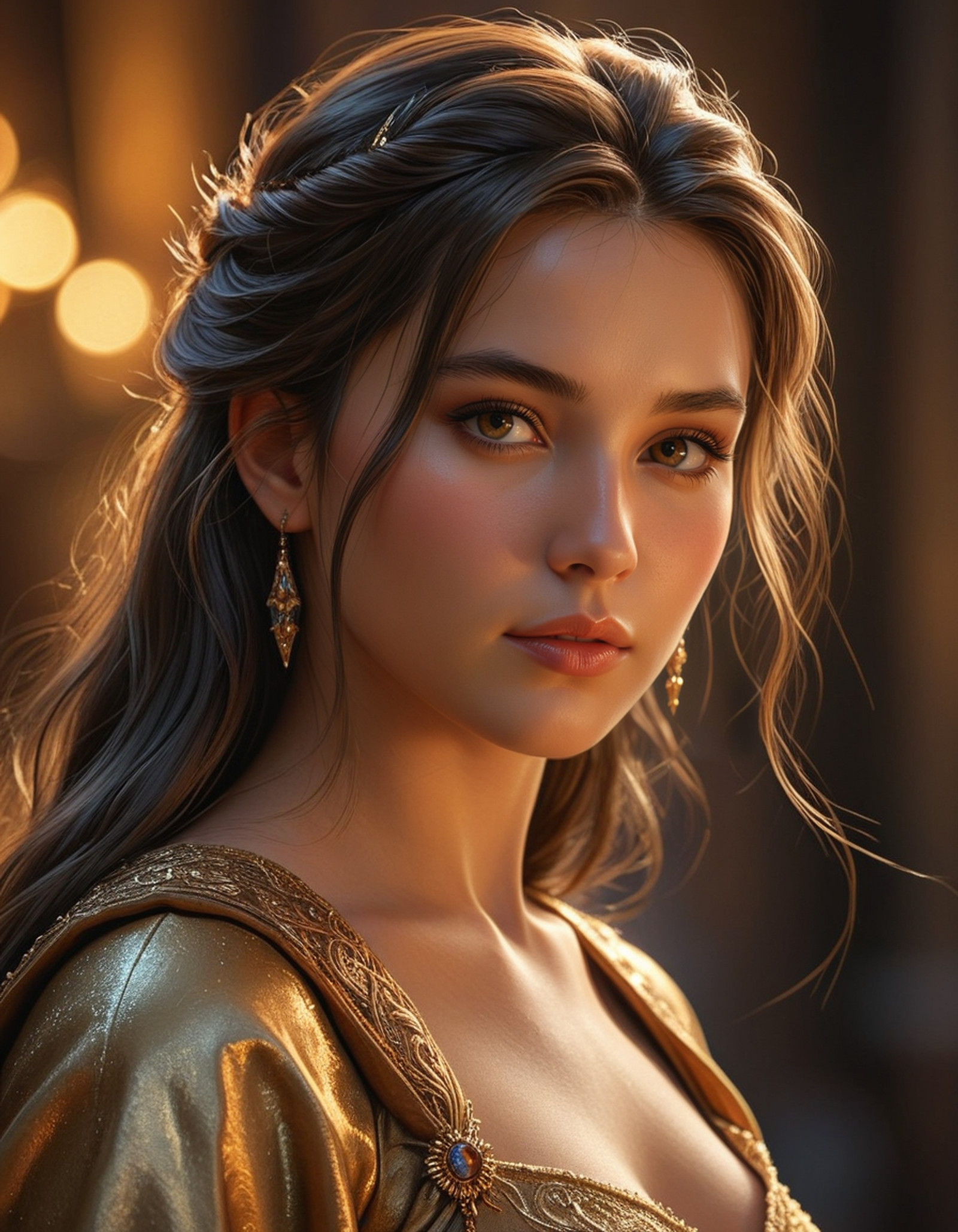 A masterpiece oil painting in painterly realism depicting of a beautiful princess created using Unreal Engine by Weta Digital with a dramatic bokeh effect .Rendered with rich impasto textures and visible expressive
 brushstrokes, dramatic cinematic lighting with dynamic shadows and warm goldenâhour highlights, tactile emphasis on fabric 
and hair surfaces, highly stylized with a raw, unpolished aesthetic,minimal neutral background, ArtStation quality., Smooth Quality,  <lora:clear:1>, <lora:FF.101.juggernautXL_version6Rundiffusion.LORA:0.7>,  <lora:SDXLDetailer:1>,