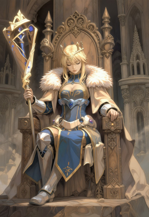 @mtgbuns,, ink painting, abstract \(theme\), blending,  brash and ink, flowing brash stroke, Artoria Pendragon \(lancer\) from fate seated on an ornate throne, carved entirely from warm honey-toned wood with visible fine grain and hand-chisel details. Hyper-detailed wooden sculpture, photorealistic carving, baroque and gothic ornamentation. Seated, slightly reclined, eyes closed in serene expression, holding a long ceremonial staff in her right hand; crown of slender wooden spires and filigree; thick fur-like carved mantle draped over shoulders. Smooth, embossed wooden plate armor with floral and filigree engravings, layered pauldrons and greaves with realistic join lines and subtle blue cloth visible beneath carved gaps. Three-quarter front view, full torso to knees, centered on throne with tall carved backrest and spire-like finials; background: blurred carved architectural cityscape also in wood to emphasize material unity. Warm directional rim light from top-left to highlight wood grain and carved edges, soft ambient fill for deep shadows in recesses. Visible tool marks, wood grain flow following anatomy, slight lacquer sheen on raised surfaces, thin dust in crevices. Color palette: warm browns and amber highlights with subtle blue cloth accents, low saturation. Camera: 50mm equivalent, shallow depth of field (f/2.8), slightly low angle to convey majesty. Mood: solemn, timeless, handcrafted monument