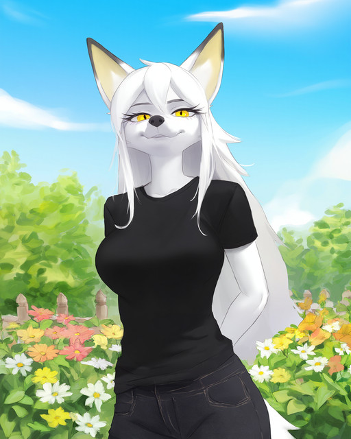digital_media_\(artwork\) by artist:x6udpngx. female,solo,furry,fox,white fox,fox girl,white fur,yellow eyes,eyelashes,white hair,breasts,black_t-shirt,  black jeans,outside,flower garden,looking at viewer,standing,sky,clouds,