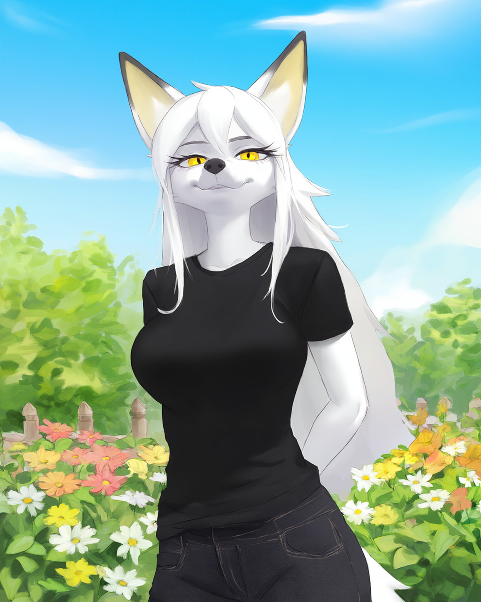 digital_media_\(artwork\) by artist:x6udpngx. female,solo,furry,fox,white fox,fox girl,white fur,yellow eyes,eyelashes,white hair,breasts,black_t-shirt,  black jeans,outside,flower garden,looking at viewer,standing,sky,clouds,