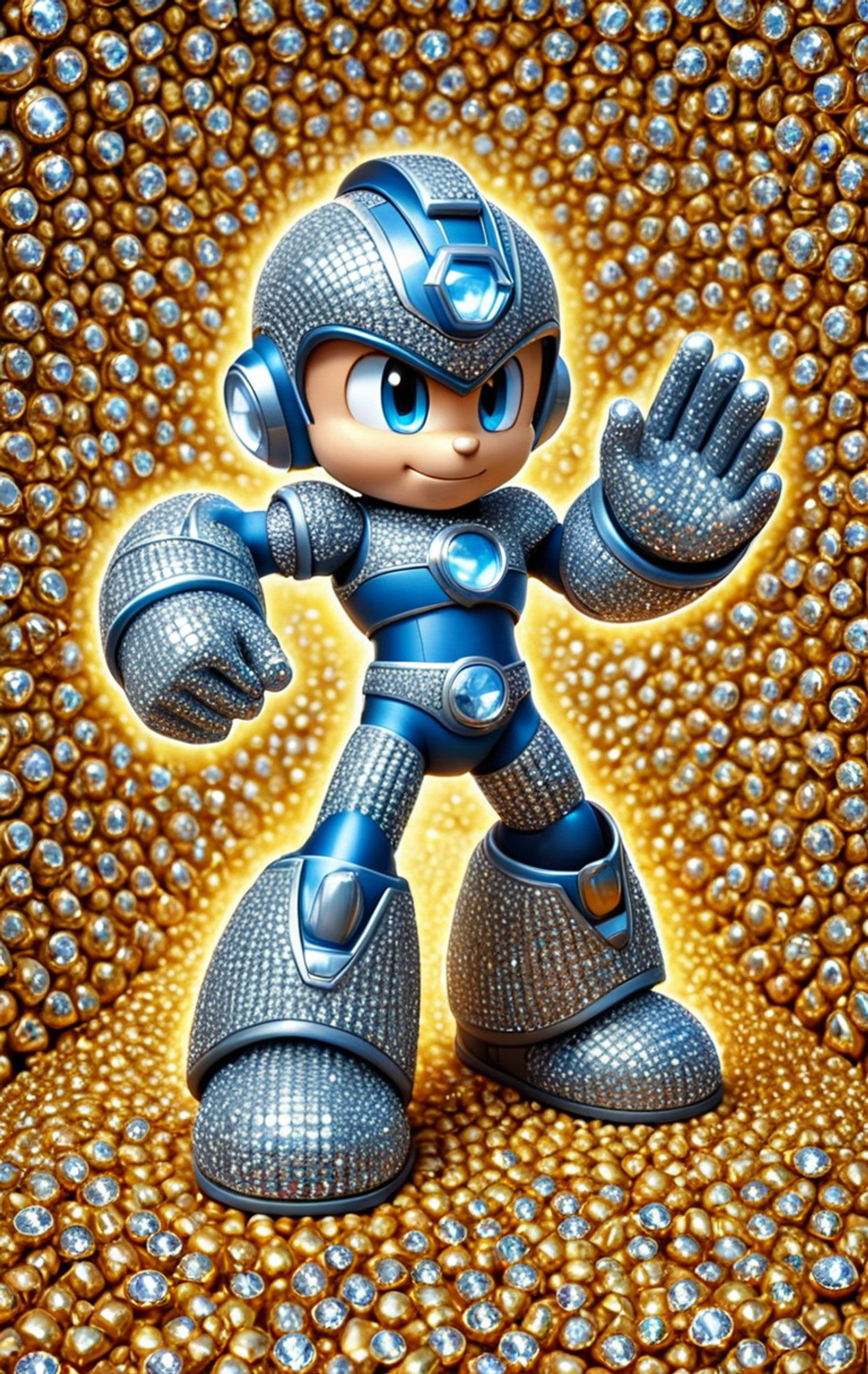diamondMW, sparkly, <lora:Diamond_World_Morph:0.7> countless diamonds, (Megaman:1.2), (shiny:0.5), elaborate, (ultra realistic:1.2), corn maze background, safe_pos