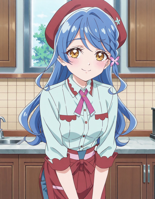 anime screencap, solo,1girl,howakurea,beret,red apron, shirt, blue pants,smile,looking at viewer,medium breasts,wide hip<lora:howakurea_IL:0.8> high definition,amazing quality,best quality,very aesthetic,masterpiece,absurdres,
