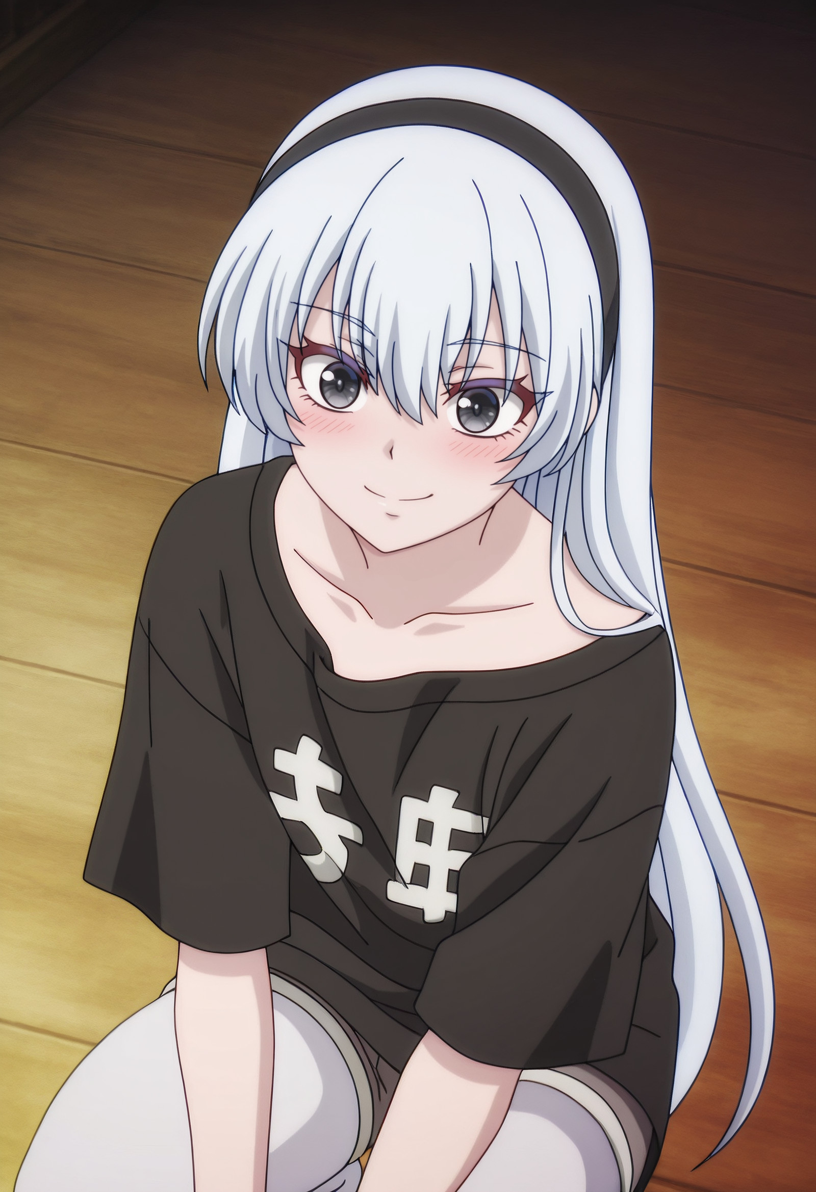    masterpiece, best quality, amazing quality, anime_screencap, anime_coloring, Eyes fluttering, tender smile, small blush, MGYKrasia, long_hair, very_long_hair, hairband, black_hairband, white_hair, hair_between_eyes, grey_eyes,  solo, black shirt, oversized shirt, oversized clothes, short shorts, pantyhose under shorts,  squatting, front view, high-angle_view, <segment:girl's face,0.55,0.2//cid=11> Eyes fluttering, tender smile, small blush, MGYKrasia, long_hair, very_long_hair, hairband, black_hairband, white_hair, hair_between_eyes, grey_eyes, 