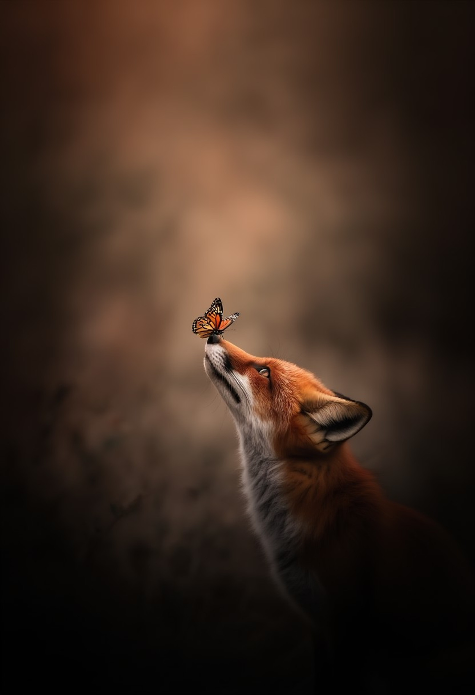 Photorealistic wildlife photography, serene contemplative nature scene. Red fox with head tilted upward, gazing intently at butterfly perched on its nose. Fox fur meticulously detailed, rich warm color palette complementing earthy surroundings. Butterfly with delicate wings and intricate patterns in sharp focus visual contrast against soft blurred background. Wonder, connection with nature, dreamlike ethereal quality. Soft diffused lighting, slight vignette drawing viewer's eye to fox and butterfly. Nature photograph with artistic flair. Shallow depth of field, rich contrast. Cinemascope, anamorphic lens, Arri Alexa, cinematic grade, warm earthy and soft pastel palette, film still, insane detail, 8k, hyperrealistic.