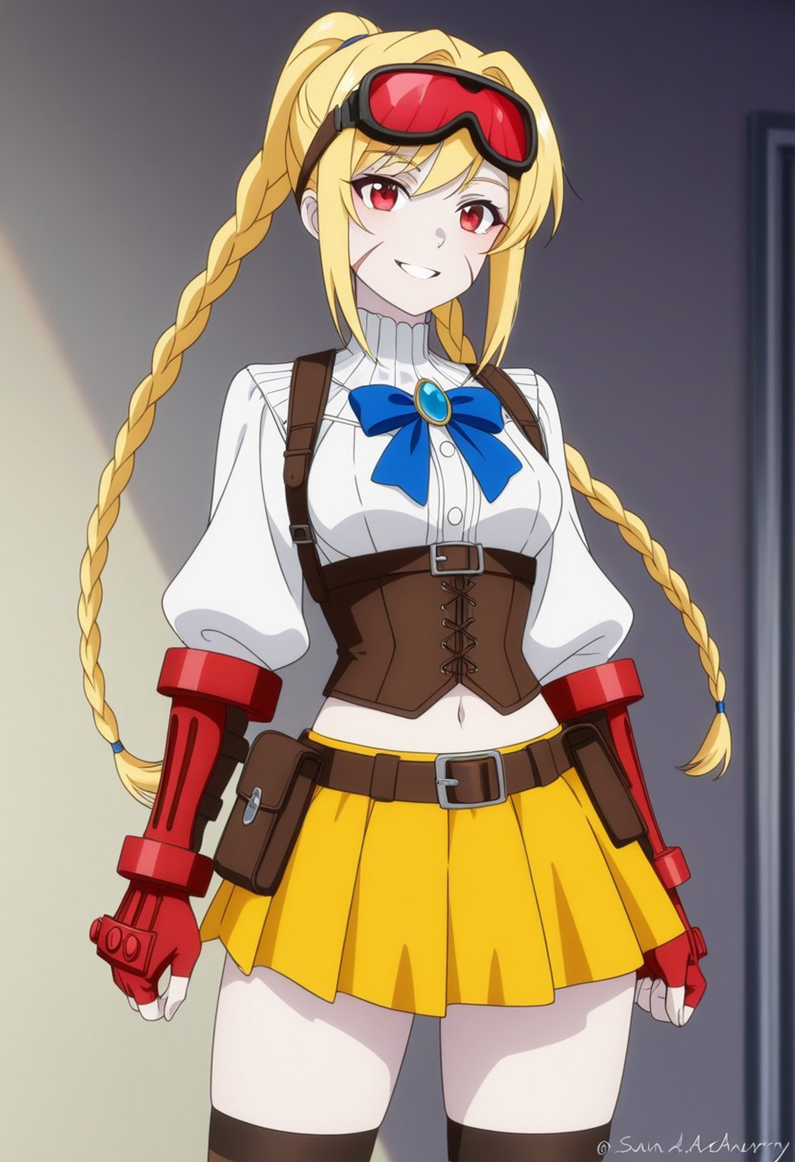 Makeup, ponytail, sidelocks, bangs, anime screencap, thigh-highs, navel, belt, In a stunning anime-style scene, Cammy White is depicted as a figure of extraordinary natural beauty, standing confidently with her signature long blonde hair styled in twin braids. Her expression is brightened by a spirited grin and a slight flush of color on her cheeks, while a faint, distinctive scar adds a touch of seasoned character to her face. (no ears visible) In a cozy, sunlit apothecary, an alchemist with pale skin, red eyes, and a sleek white bob stands amidst her craft. She wears a crisp white blouse with puffed sleeves, accented by a vibrant blue bow and a large turquoise gemstone. Her silhouette is defined by a sturdy brown leather corset with silver buckles and a matching utility belt, paired with a pleated mustard-yellow skirt. Dark tactical straps on her arms and silver-rimmed aviator goggles atop her head complete her adventurer aesthetic.