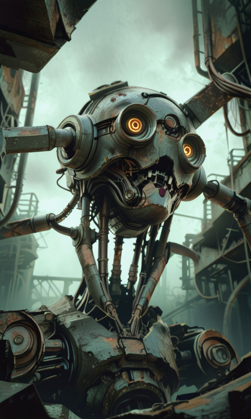 A close-up photograph of a rusted industrial robot head with exposed wires and mechanical components bathed in a greenish eerie light. The perspective is from below emphasizing the intricate corroded details. The background is dark and textured enhancing the ominous abandoned atmosphere. <lora:- iLL - the_edgy_mech_V3.0:1>