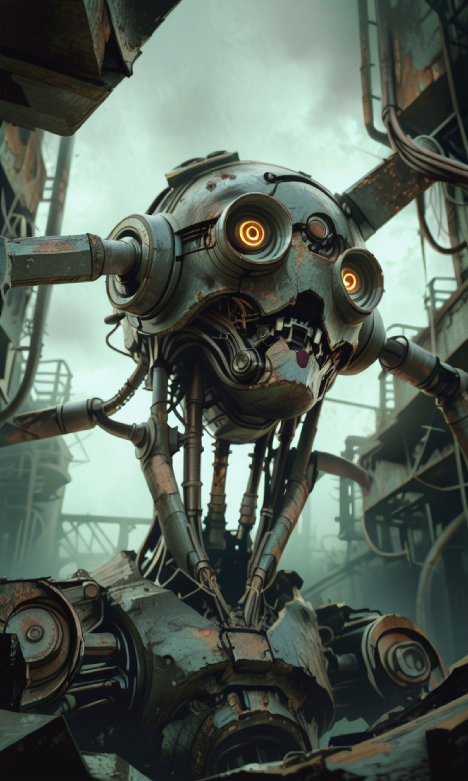 A close-up photograph of a rusted industrial robot head with exposed wires and mechanical components bathed in a greenish eerie light. The perspective is from below emphasizing the intricate corroded details. The background is dark and textured enhancing the ominous abandoned atmosphere. <lora:- iLL - the_edgy_mech_V3.0:1>