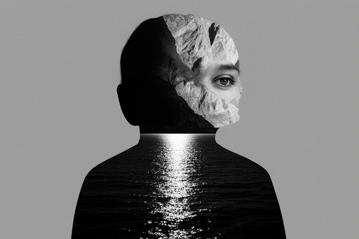 Black-and-white surrealist double exposure portrait. The central subject is the silhouette of a person's head and shoulders against a flat, neutral grey background. The interior of the head is a composite of textures; the right side reveals a light-colored, craggy mountain face where a single, realistic human eye gazes outward. The left side is a darker, obscured mass. The subject's torso is seamlessly replaced by a dark, shimmering sea under moonlight, with a bright, glittery vertical reflection of light dancing across the water's surface. The composition is stark and centered, utilizing high contrast to create a moody, contemplative atmosphere. The image has a grainy, film-like texture with no color, emphasizing the play between light and shadow within the surreal forms.