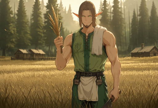 anime style, anime, anime coloring, anime artwork, 748cmstyle, D4rkL1nes, Hews, solo, 1man, perfect anatomy, perfect body, perfect hands, (masculine, rugged, manly), 
BREAK
green eyes, glowing eyes, brown hair, 
BREAK
(old man), fair skin, (elf ears), farmer outfit, villager outfit, beard, standing, holding trowel, holding wheat, towel on shoulder, slight smile, dynamic pose, 
BREAK
cowboy shot, looking at viewer, full body, fantasy, medieval, grass, trees, village background, dynamic background, 
BREAK
masterpiece, best quality, very aesthetic, absurdres, depth of field, high quality, ultra-detailed, high resolution, 4k, high definition, detailed background, uncensored,