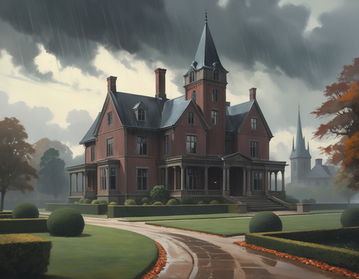 a gothic-style English estate with towering chimneys and ornate stonework, set in a vast park with winding gravel paths and rain-drenched hedges. Thunderclouds gather overhead, and the air is thick with mist. Rich autumn tones, cinematic realism, dramatic contrast, High quality, best quality, masterpiece, muted tones, desaturated colors, strong geometric architecture, loneliness, quiet introspection, stillness, melancholic atmosphere, 1940s American realism, mid-century architecture, vintage clothing styles,  oil painting texture, canvas brush strokes, in the style of an Edward Hopper painting