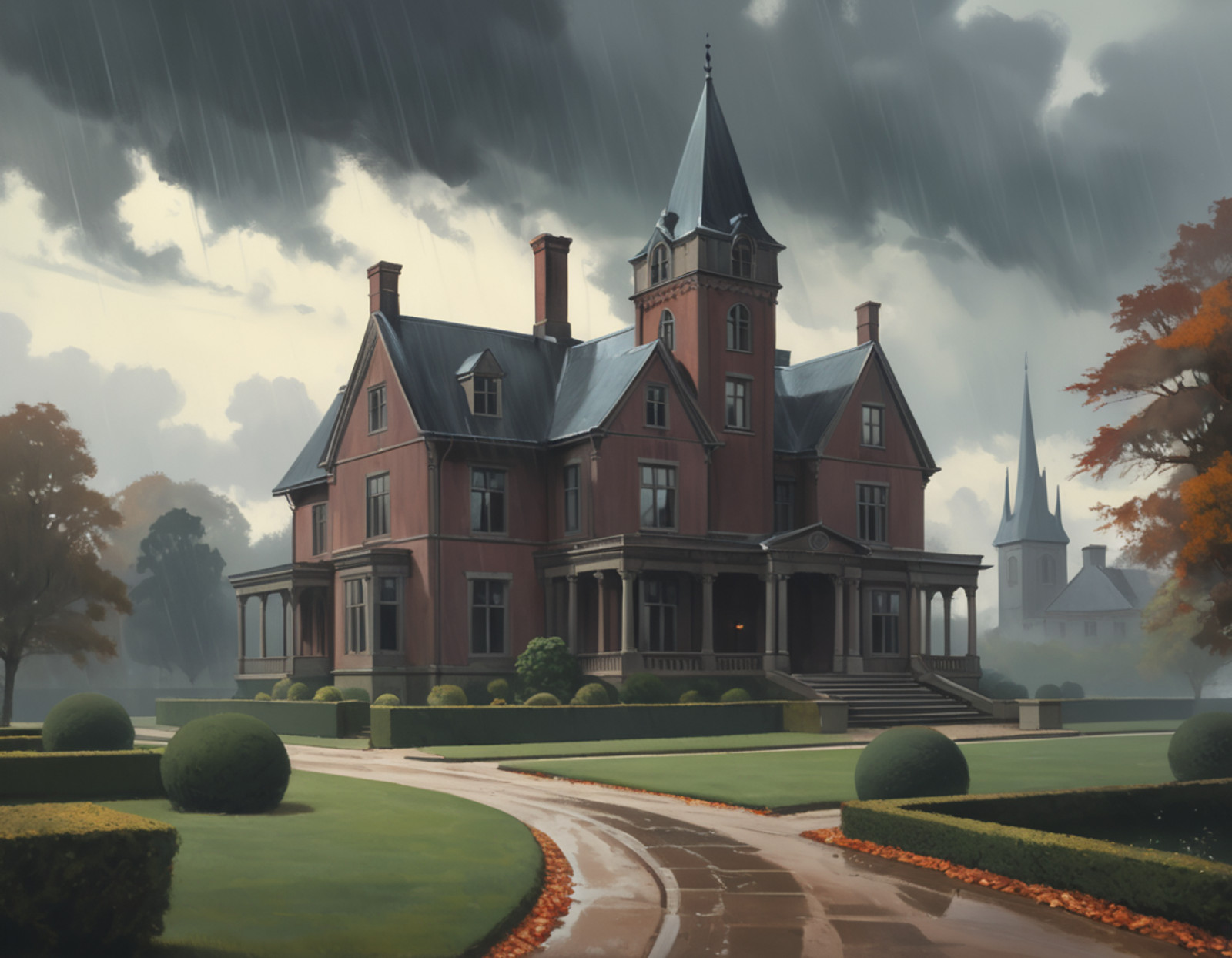a gothic-style English estate with towering chimneys and ornate stonework, set in a vast park with winding gravel paths and rain-drenched hedges. Thunderclouds gather overhead, and the air is thick with mist. Rich autumn tones, cinematic realism, dramatic contrast, High quality, best quality, masterpiece, muted tones, desaturated colors, strong geometric architecture, loneliness, quiet introspection, stillness, melancholic atmosphere, 1940s American realism, mid-century architecture, vintage clothing styles,  oil painting texture, canvas brush strokes, in the style of an Edward Hopper painting