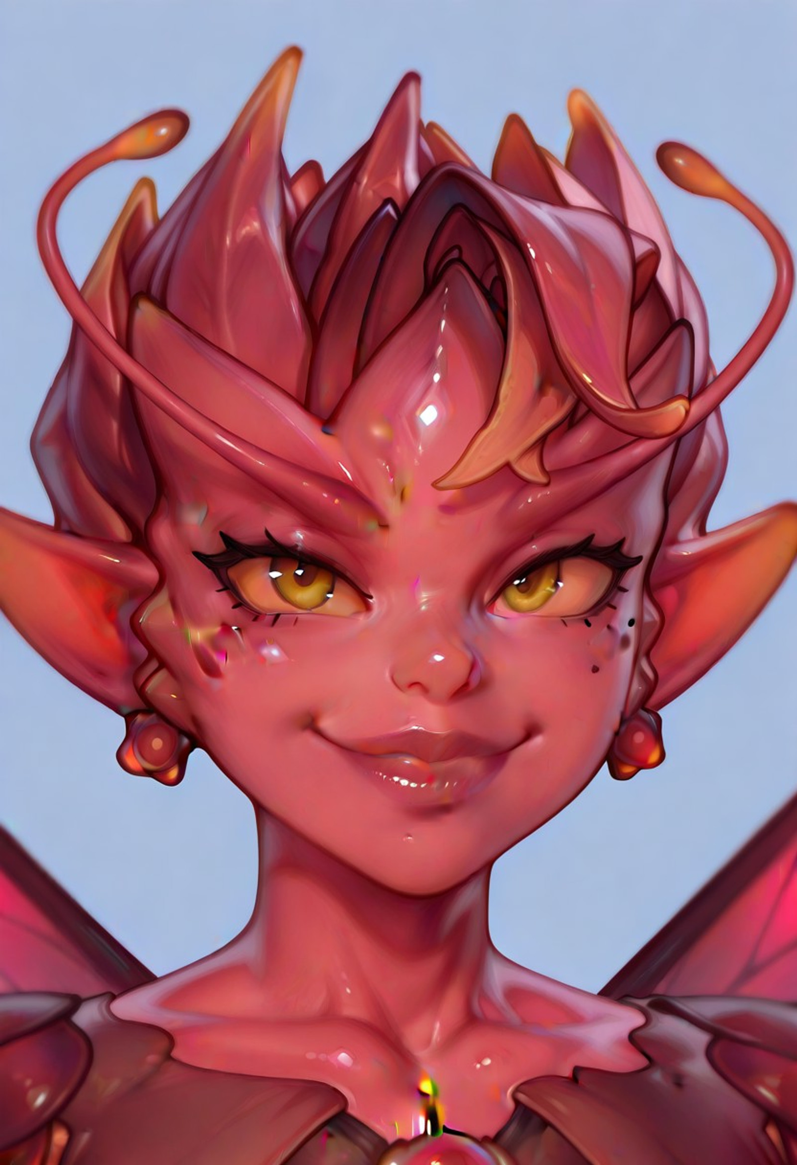 masterpiece, best quality, very aesthetic, absurdres, hyperdetailed, 8k, ultra-HD, high detail, depth of field, realistic, arrusa, eigaka, possmach, artist:moriimee, ytrprm, 1 girl, solo girl, perfect anatomy, curvy, smile, thick_lips BREAK , ,1girl, ,face focus  , 
BREAK 
dark willow, dark willow \(dota2\), 1girl, solo, ,  short hair, bangs,,  red eyes, wings, 
pointy ears, mole,  orange eyes, mole under eye, colored skin, monster girl, colored sclera,antennae, fairy wings, fairy,red skin,red wings, yellow sclera, arthropod girl,