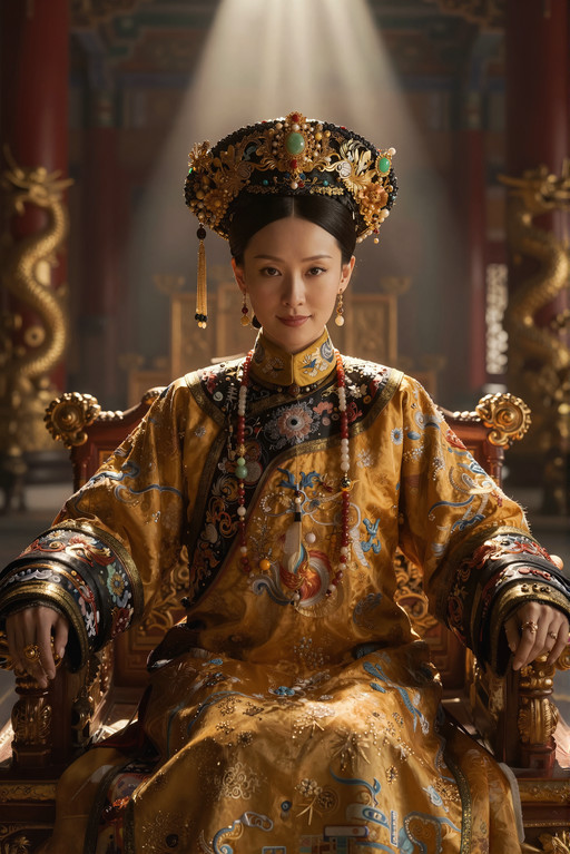 Ultraârealistic, cinematic portrait of Empress Cixi reimagined in 1965 at the age of 30, seated on a monumental imperial throne inside a grand hall that blends Qing dynasty opulence with midâ20thâcentury aesthetics. She sits with absolute confidence, posture straight and commanding, radiating authority and unshakable power. Her expression is calm, controlled, and sovereign, with a faint, knowing smile that asserts her dominance over the era.
She wears a hybrid ceremonial attire: a richly embroidered robe inspired by Qing imperial fashion, but with subtle modern touchesâcleaner lines, slightly simplified patterns, and a more structured silhouette. Her headdress is a reinterpretation of the traditional liangbatou, adorned with gold, jade, and pearls, but redesigned with a sleek 1960s cinematic elegance. Her hands rest with regal precision on the carved armrests of the throne.
Her face is striking and expressive.
Facial details:
â Eyes: almondâshaped, intense darkâbrown irises with a sharp, commanding gaze, slightly narrowed with imperial confidence.
â Eyebrows: arched, refined, giving her a look of intelligence and absolute control.
â Nose: straight, elegant, with a smooth, noble profile.
â Cheekbones: high and sculpted, catching the dramatic directional lighting.
â Jawline: defined and regal, youthful yet authoritative.
â Chin: gently pointed, enhancing her imperial poise.
â Mouth: full lips with a subtle, confident, sovereign halfâsmile.
â Skin: porcelainâsmooth with warm undertones, illuminated by soft golden highlights.
â Hair: glossy black hair styled in an imperialâmodern fusion, structured and adorned with gold ornaments.
Lighting is dramatic and cinematic: strong directional beams from above and behind, creating a halo effect around her silhouette, with deep shadows enhancing the throneâs monumental presence. The background shows towering red columns, golden dragons, lacquered panels, and subtle 1960s architectural elementsâan impossible but spectacular fusion of eras. Aesthetic: hyperârealistic 8K, imperial grandeur, alternateâhistory cinema, overwhelming power and presence.
85mm f/11 clarity photorealistic quality, professional cinematography, directional lighting with sharp dramatic shadows
